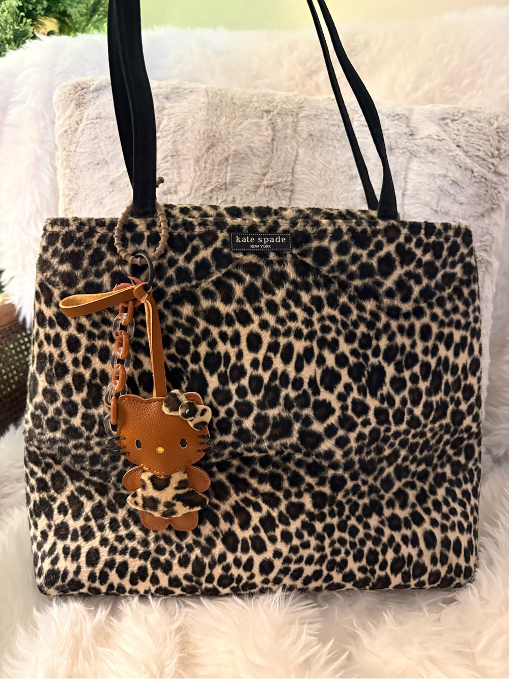 kate spade Leopard Print Faux Fur Tote in Brown w/ hello kitty bag charm.